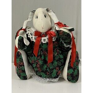 Vintage Christmas Holiday Bunny Handmade Festive Dress & Handpainted Accents 12”